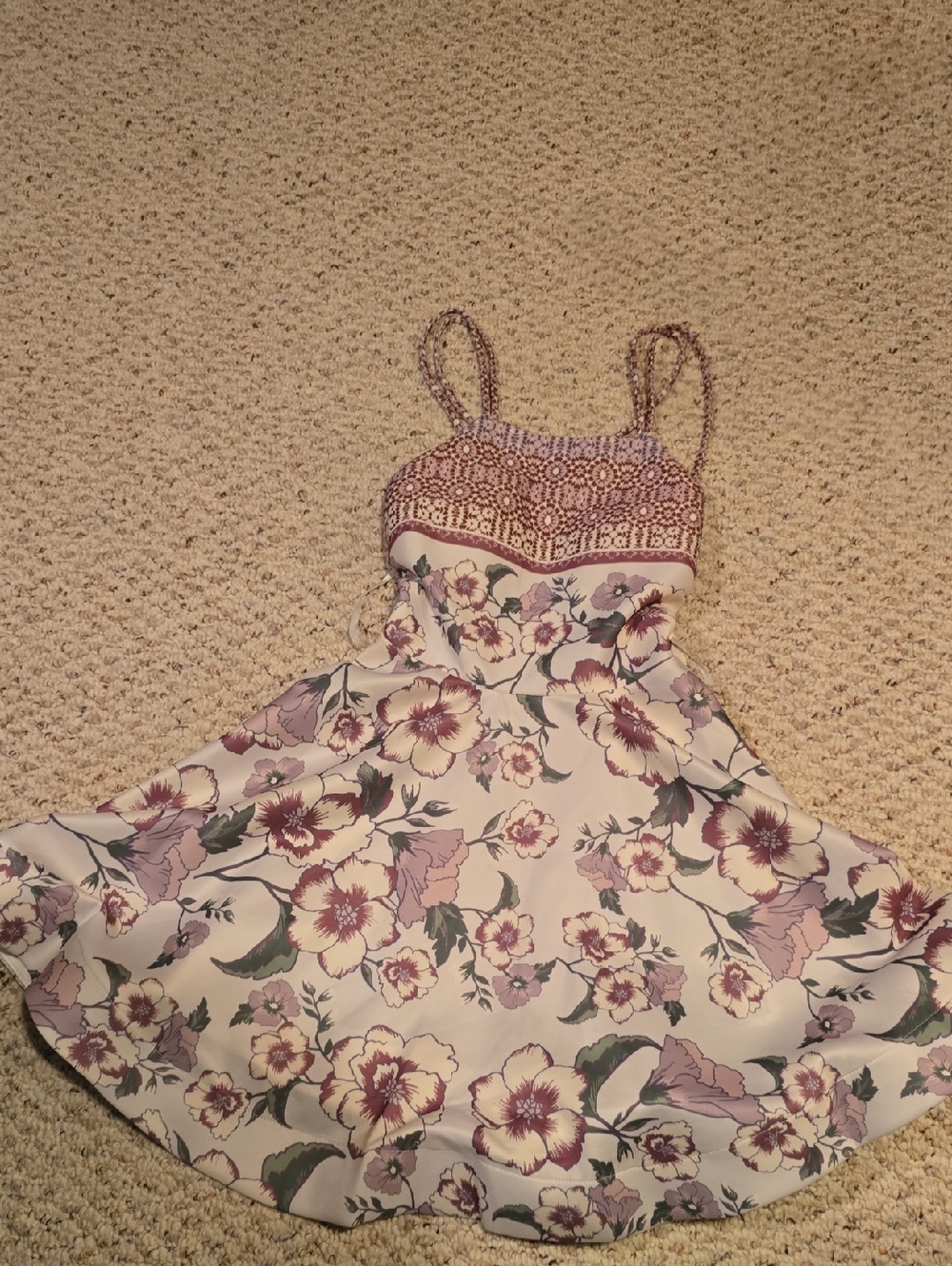Trac Cream Floral Dress with Mauve and Green Accents